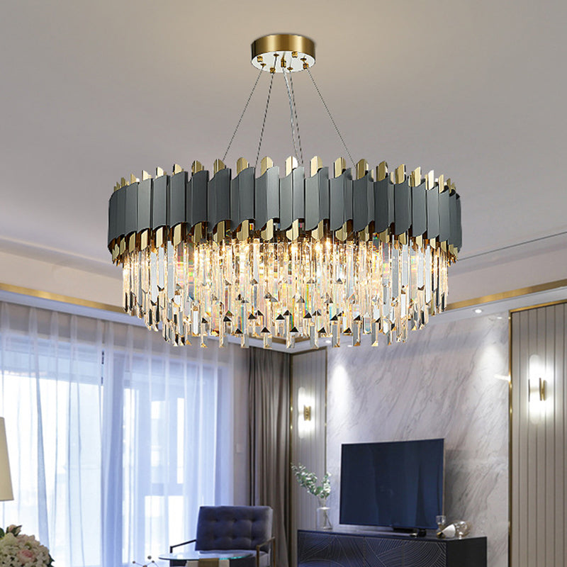 Post-Modern Layered Chandelier Pendant Light Strip Crystal Living Room Hanging Light in Gold-Black 16 Gold-Black Clearhalo 'Ceiling Lights' 'Chandeliers' 'Modern Chandeliers' 'Modern' Lighting' 2136806