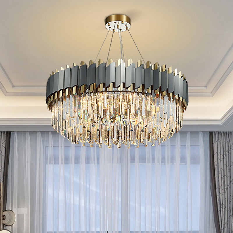 Post-Modern Layered Chandelier Pendant Light Strip Crystal Living Room Hanging Light in Gold-Black 12 Gold-Black Clearhalo 'Ceiling Lights' 'Chandeliers' 'Modern Chandeliers' 'Modern' Lighting' 2136809