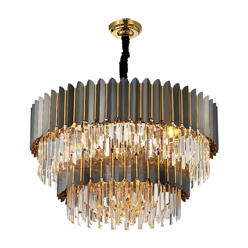 Geometric Chandelier Light Simplicity Tri-Prism Crystal Living Room Pendant Light Fixture in Black Black 2 Tiers 39.5" Clearhalo 'Ceiling Lights' 'Chandeliers' 'Modern Chandeliers' 'Modern' Lighting' 2136818