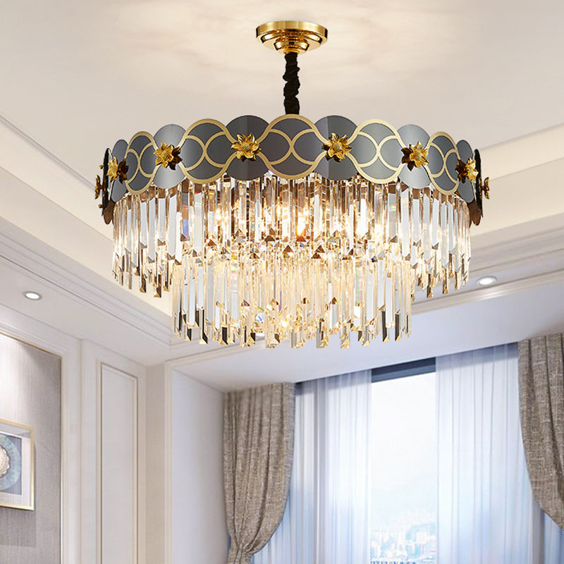 Floral Metallic Ceiling Lighting Postmodern Gold-Black Chandelier Light Fixture with Strip Crystal Decor 21 Gold-Black Clearhalo 'Ceiling Lights' 'Chandeliers' 'Modern Chandeliers' 'Modern' Lighting' 2136830
