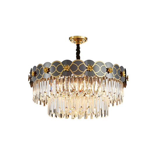 Floral Metallic Ceiling Lighting Postmodern Gold-Black Chandelier Light Fixture with Strip Crystal Decor 15 Gold-Black Clearhalo 'Ceiling Lights' 'Chandeliers' 'Modern Chandeliers' 'Modern' Lighting' 2136833