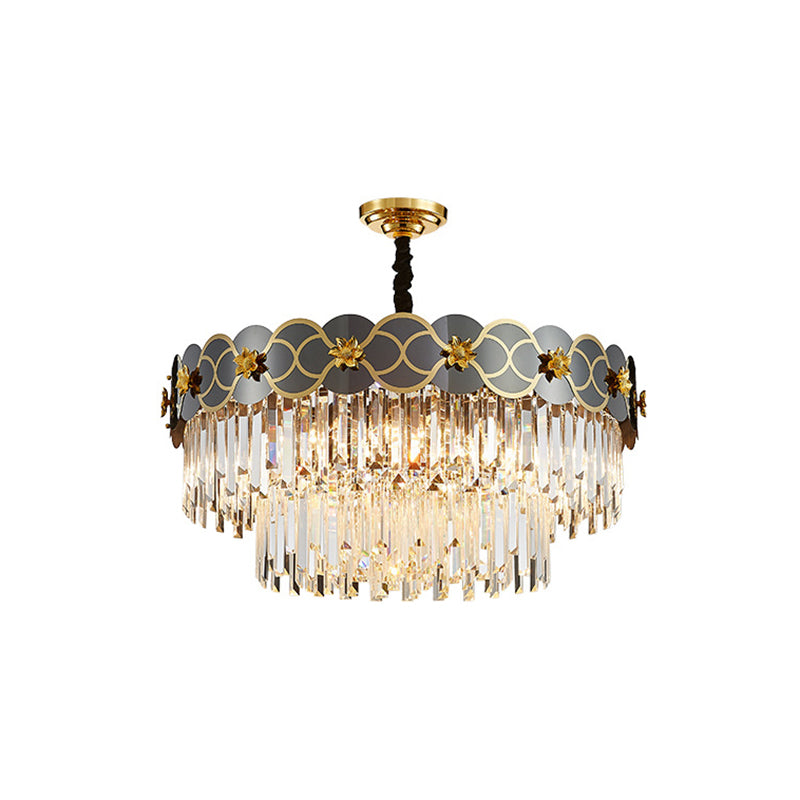 Floral Metallic Ceiling Lighting Postmodern Gold-Black Chandelier Light Fixture with Strip Crystal Decor 9 Gold-Black Clearhalo 'Ceiling Lights' 'Chandeliers' 'Modern Chandeliers' 'Modern' Lighting' 2136836