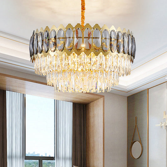 Minimalist Multi-Tiered Chandelier Lighting Faceted Crystal Living Room Pendant Light in Gold Clearhalo 'Ceiling Lights' 'Chandeliers' 'Modern Chandeliers' 'Modern' Lighting' 2136857