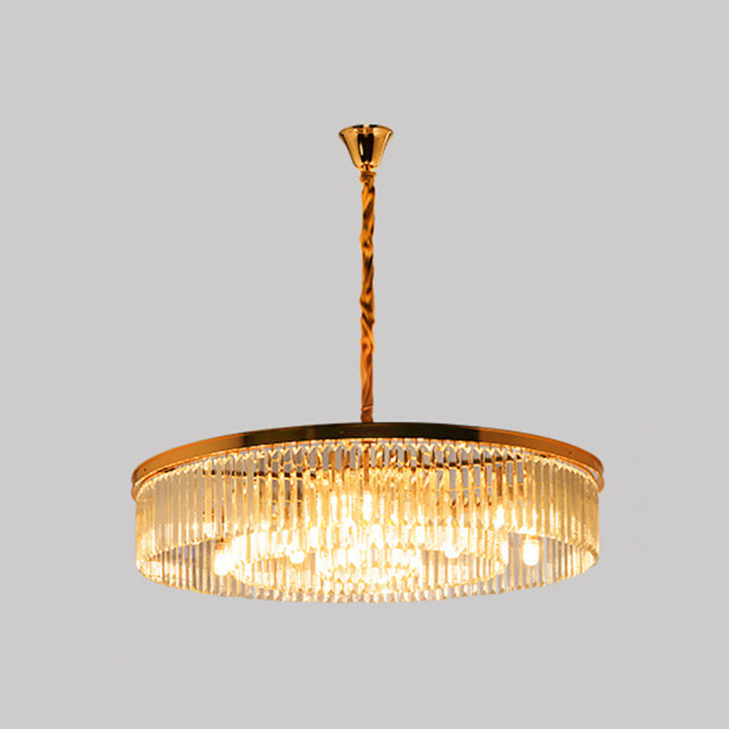 Drum Shaped Ceiling Lighting Postmodern K9 Strip Crystal Living Room Chandelier Light Fixture Gold 37.5" Clearhalo 'Ceiling Lights' 'Chandeliers' 'Modern Chandeliers' 'Modern' Lighting' 2136865