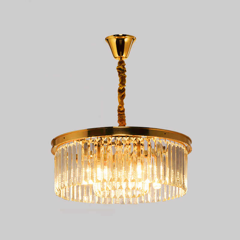 Drum Shaped Ceiling Lighting Postmodern K9 Strip Crystal Living Room Chandelier Light Fixture Gold 19.5" Clearhalo 'Ceiling Lights' 'Chandeliers' 'Modern Chandeliers' 'Modern' Lighting' 2136869