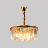 Drum Shaped Ceiling Lighting Postmodern K9 Strip Crystal Living Room Chandelier Light Fixture Gold 19.5" Clearhalo 'Ceiling Lights' 'Chandeliers' 'Modern Chandeliers' 'Modern' Lighting' 2136869
