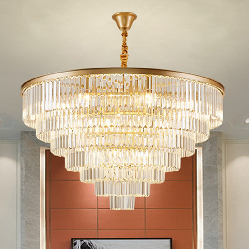 Tiered Tapered Living Room Chandelier Light Clear Crystal Simplicity Pendant Light Fixture Gold 43" Clearhalo 'Ceiling Lights' 'Chandeliers' 'Modern Chandeliers' 'Modern' Lighting' 2136889