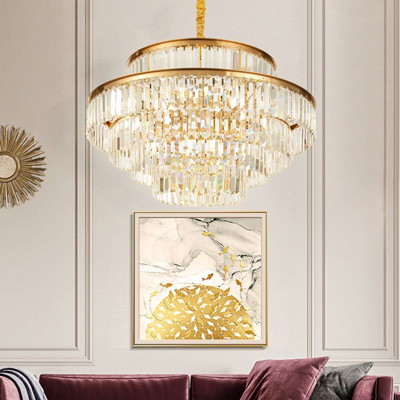 Artistic Circular Tiers Suspension Light Tri-Prism Crystal Living Room Chandelier Light in Gold Clearhalo 'Ceiling Lights' 'Chandeliers' 'Modern Chandeliers' 'Modern' Lighting' 2136897