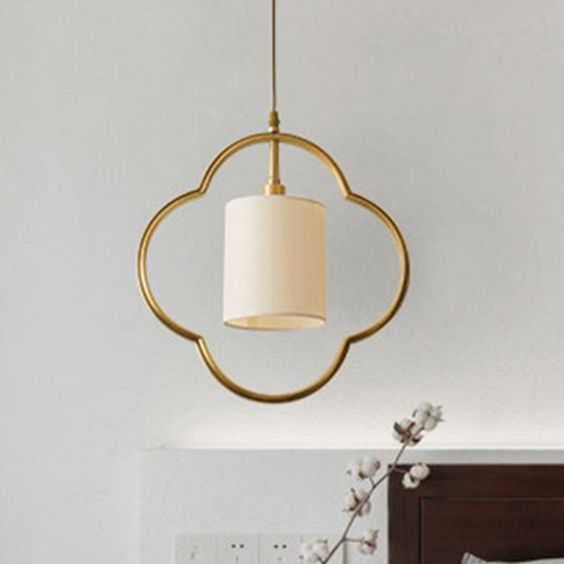 Gold Cylinder Pendant Ceiling Light Traditional Fabric 1 Light Living Room Hanging Lamp with Ring Clearhalo 'Ceiling Lights' 'Glass shade' 'Glass' 'Pendant Lights' 'Pendants' Lighting' 213723