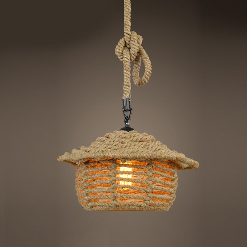 Natural Rope Beige Hanging Ceiling Light House Shade 1 Light Industrial Lodge Pendant Light for Dining Room Clearhalo 'Ceiling Lights' 'Industrial Pendants' 'Industrial' 'Middle Century Pendants' 'Pendant Lights' 'Pendants' 'Tiffany' Lighting' 21373