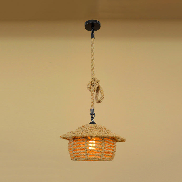 Natural Rope Beige Hanging Ceiling Light House Shade 1 Light Industrial Lodge Pendant Light for Dining Room Beige B Clearhalo 'Ceiling Lights' 'Industrial Pendants' 'Industrial' 'Middle Century Pendants' 'Pendant Lights' 'Pendants' 'Tiffany' Lighting' 21374