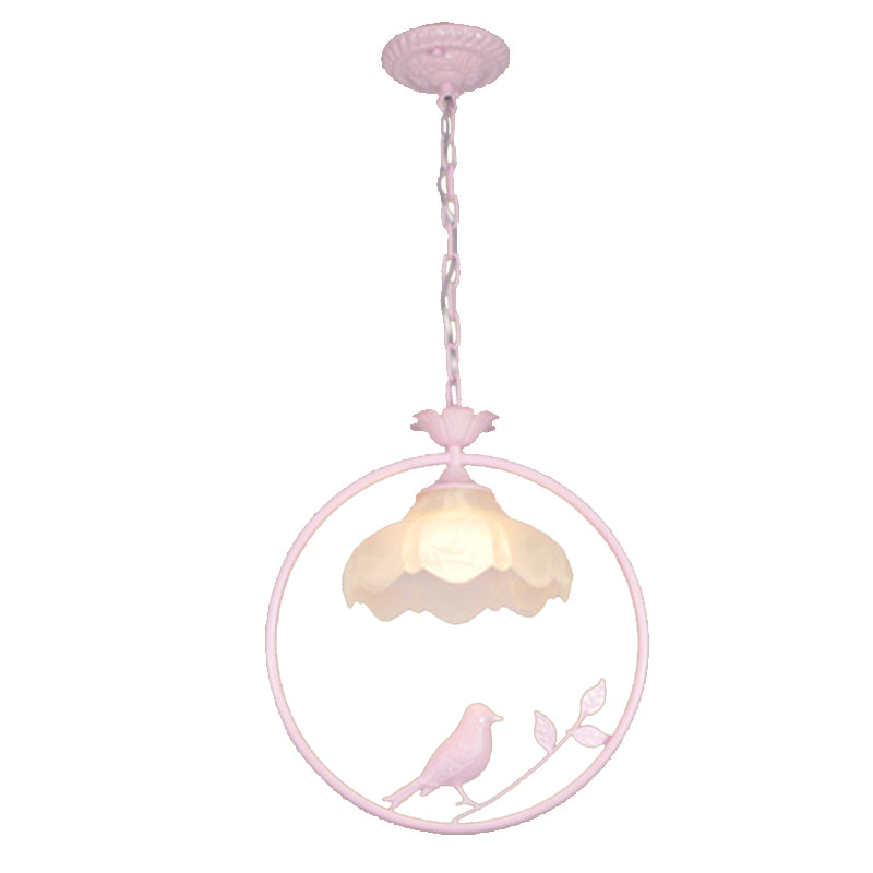 Classic Round Pendant Lighting 1 Light Metal Hanging Light Fixture in Black/White/Pink with Scalloped Shade Clearhalo 'Ceiling Lights' 'Pendant Lights' 'Pendants' Lighting' 213774