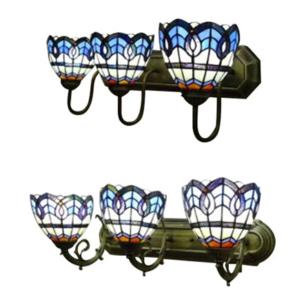 8"/9" W Stained Glass Bowl Wall Light Baroque 3 Lights Bathroom Sconce Light with Curved Arm in Blue Clearhalo 'Industrial' 'Middle century wall lights' 'Tiffany wall lights' 'Tiffany' 'Wall Lamps & Sconces' 'Wall Lights' Lighting' 21378