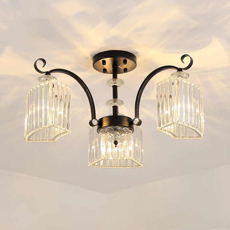 Crystal Prism Semi Flush Light Vintage Black Round Living Room Ceiling Mounted Lamp 3 Black Clearhalo 'Ceiling Lights' 'Close To Ceiling Lights' 'Close to ceiling' 'Flush mount' Lighting' 2137835