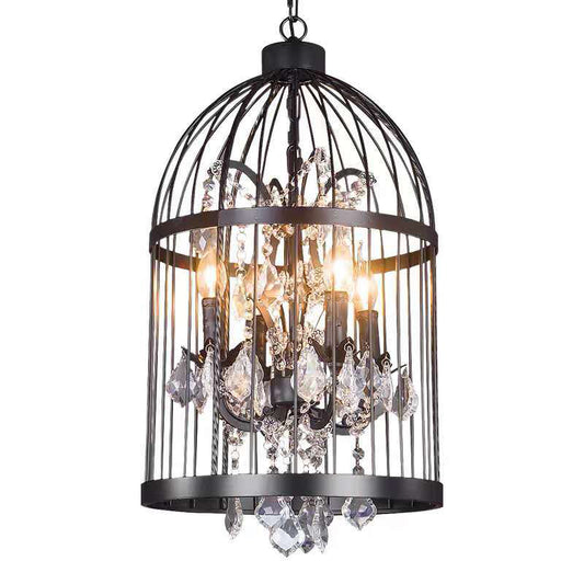 Birdcage Restaurant Ceiling Chandelier Farmhouse Crystal Suspension Pendant Light 4 Black