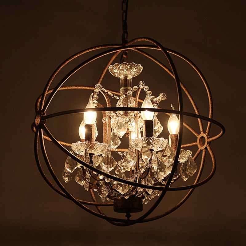 Wrought Iron Spherical Chandelier Pendant Rustic 4-Light Restaurant Hanging Light with Crystal Deco Clearhalo 'Ceiling Lights' 'Chandeliers' Lighting' options 2137875