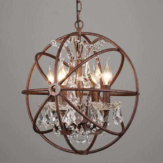 Wrought Iron Spherical Chandelier Pendant Rustic 4-Light Restaurant Hanging Light with Crystal Deco Clearhalo 'Ceiling Lights' 'Chandeliers' Lighting' options 2137879