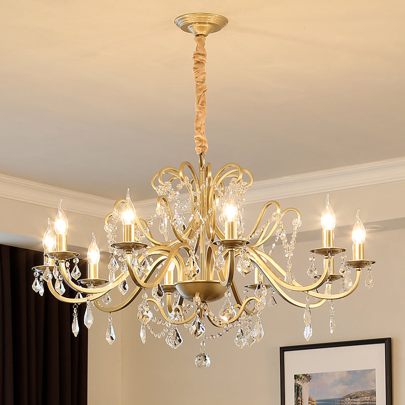 Gold Finish Candle Chandelier Light Traditional Crystal Dining Room Suspended Lighting Fixture 10 Gold Shadeless Clearhalo 'Ceiling Lights' 'Chandeliers' Lighting' options 2137919_cbc006dc-81a6-456f-a4fb-aaca798125ad