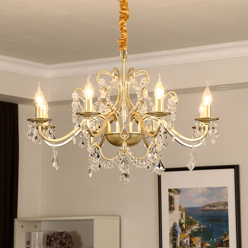 Gold Finish Candle Chandelier Light Traditional Crystal Dining Room Suspended Lighting Fixture 8 Gold Shadeless Clearhalo 'Ceiling Lights' 'Chandeliers' Lighting' options 2137920_177c376d-a6f1-4ad4-809b-3da6f750c2ff