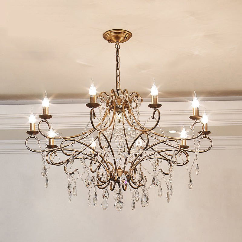 Gold Finish Ceiling Hang Light Vintage Metal Candlestick Chandelier with Crystal Strand 10 Gold Shadeless Clearhalo 'Ceiling Lights' 'Chandeliers' Lighting' options 2137927_d57a5379-5e1f-4ef5-95c4-734e6c25d329
