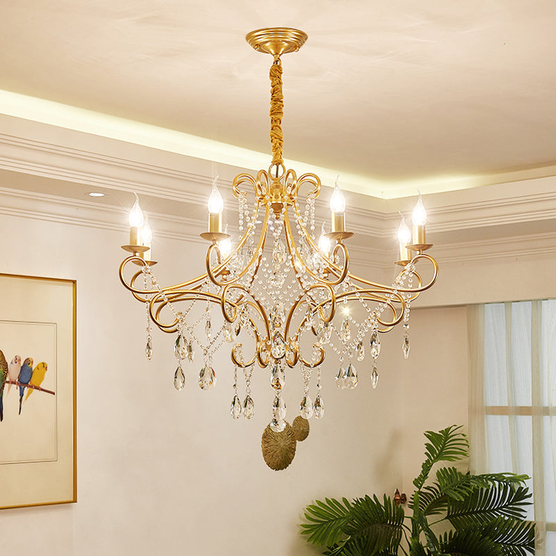 Gold Finish Ceiling Hang Light Vintage Metal Candlestick Chandelier with Crystal Strand 8 Gold Shadeless Clearhalo 'Ceiling Lights' 'Chandeliers' Lighting' options 2137928_8a88b4c3-ce29-4409-8478-20e100d08abc