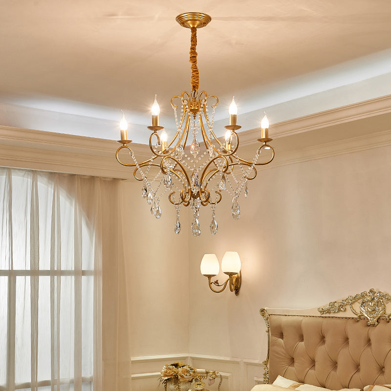 Gold Finish Ceiling Hang Light Vintage Metal Candlestick Chandelier with Crystal Strand Clearhalo 'Ceiling Lights' 'Chandeliers' Lighting' options 2137931