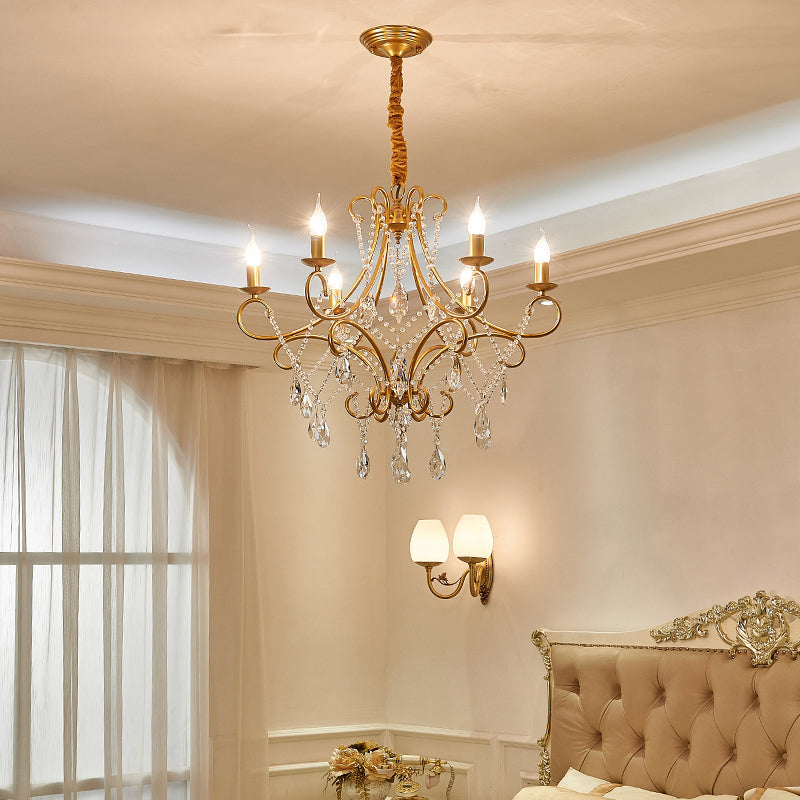 Gold Finish Ceiling Hang Light Vintage Metal Candlestick Chandelier with Crystal Strand 6 Gold Shadeless Clearhalo 'Ceiling Lights' 'Chandeliers' Lighting' options 2137931_b646cac7-8ea1-409b-a305-d2b9fbb515e9