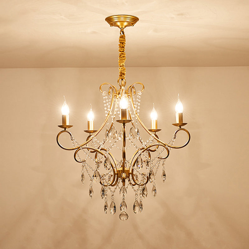 Gold Finish Ceiling Hang Light Vintage Metal Candlestick Chandelier with Crystal Strand 5 Gold Shadeless Clearhalo 'Ceiling Lights' 'Chandeliers' Lighting' options 2137933_03baf830-938b-4558-ad6a-4aedea910efc