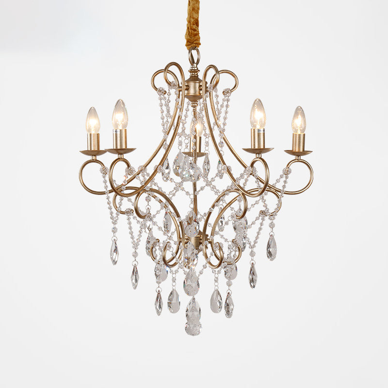 Gold Finish Ceiling Hang Light Vintage Metal Candlestick Chandelier with Crystal Strand Clearhalo 'Ceiling Lights' 'Chandeliers' Lighting' options 2137934