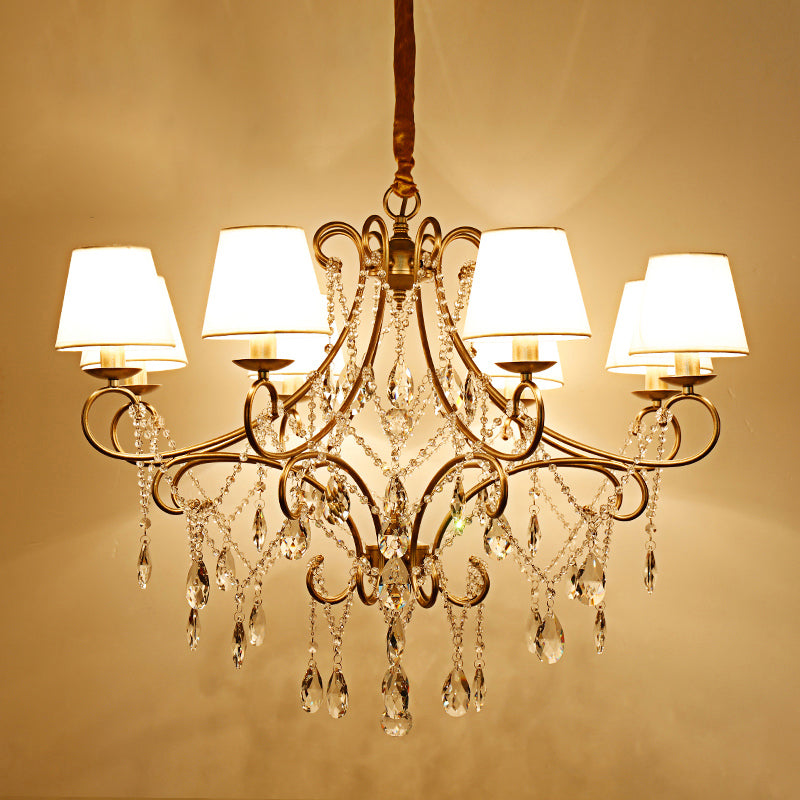 Gold Finish Ceiling Hang Light Vintage Metal Candlestick Chandelier with Crystal Strand 8 Gold With Shade Clearhalo 'Ceiling Lights' 'Chandeliers' Lighting' options 2137935_ba97d26b-7a45-4bdf-bfa2-1fd48bd237b1