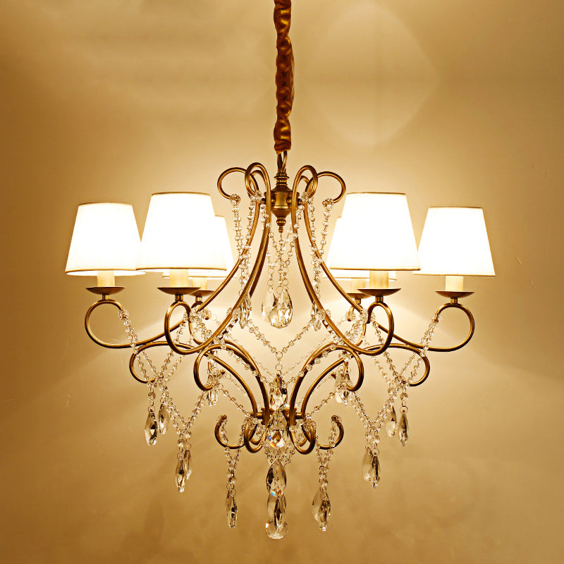 Gold Finish Ceiling Hang Light Vintage Metal Candlestick Chandelier with Crystal Strand 6 Gold With Shade Clearhalo 'Ceiling Lights' 'Chandeliers' Lighting' options 2137936_be40bead-f876-4af5-a53a-eb8846597d9f