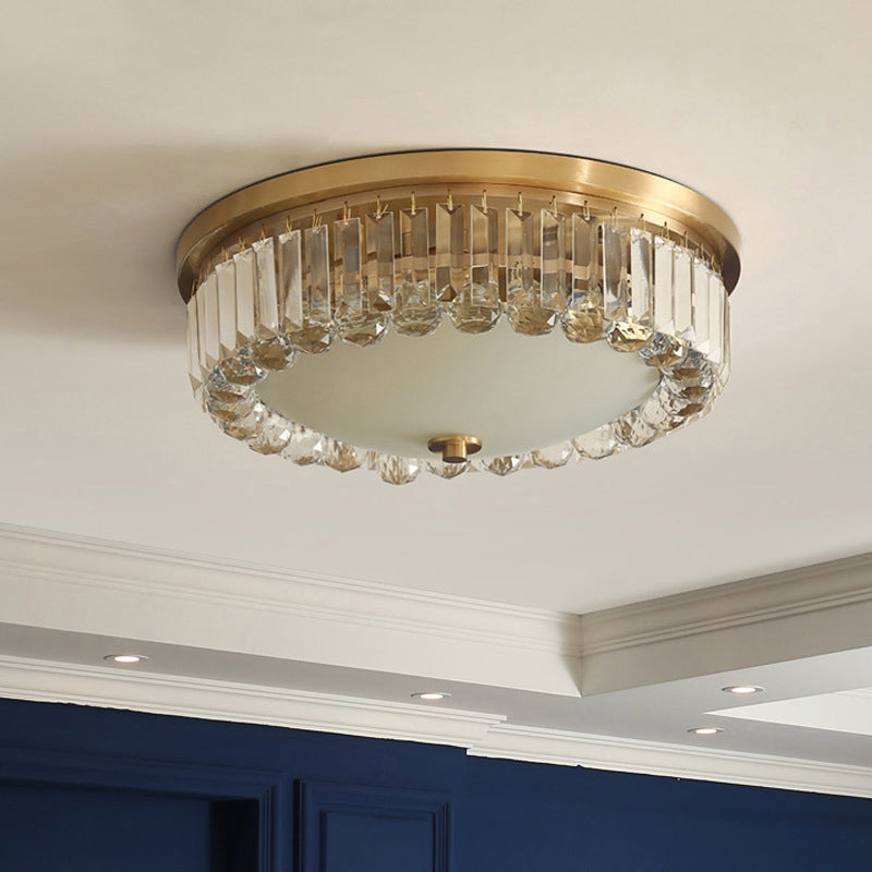 K9 Crystal Flushmount Ceiling Lamp Vintage Gold Bowl Shaped Dining Room Flush Light with Opal Glass Diffuser Clearhalo 'Ceiling Lights' 'Close To Ceiling Lights' 'Close to ceiling' 'Flush mount' Lighting' 2137939