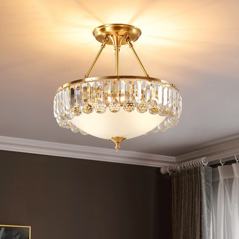 K9 Crystal Flushmount Ceiling Lamp Vintage Gold Bowl Shaped Dining Room Flush Light with Opal Glass Diffuser Gold Semi-Flush Mount Clearhalo 'Ceiling Lights' 'Close To Ceiling Lights' 'Close to ceiling' 'Flush mount' Lighting' 2137940