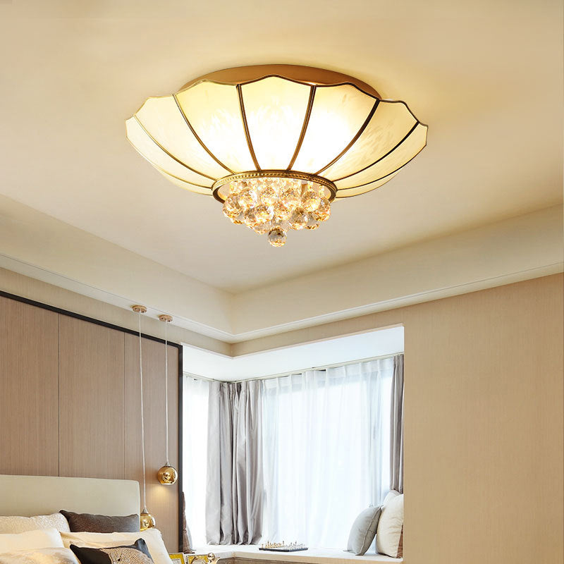 Umbrella Shaped Ceiling Flush Light Traditional Gold Frost Glass Flushmount with Beveled Crystal Orbs Gold 25.5" Clearhalo 'Ceiling Lights' 'Close To Ceiling Lights' 'Close to ceiling' 'Flush mount' Lighting' 2137943