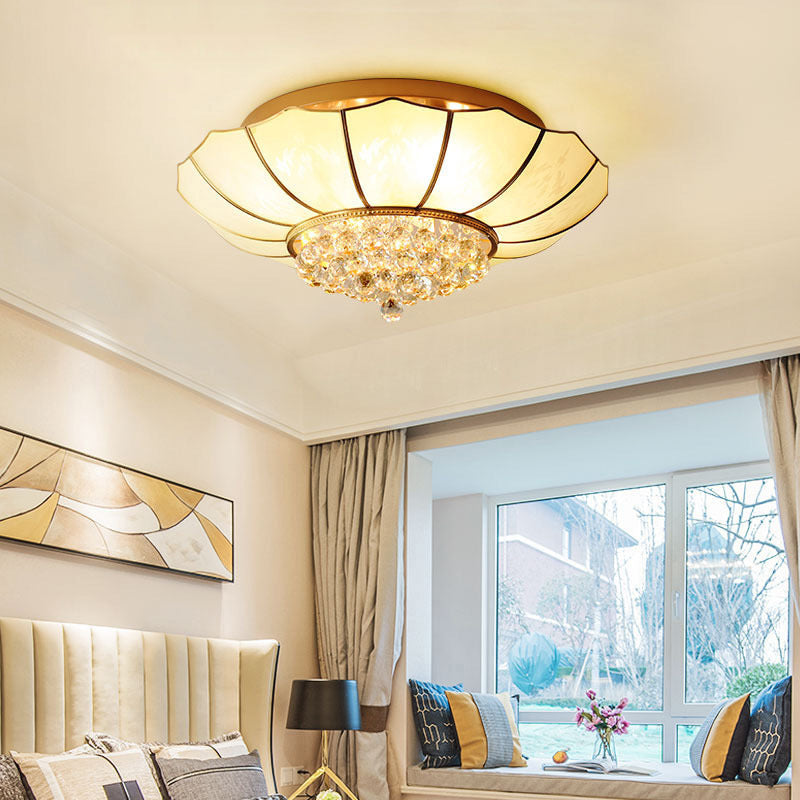 Umbrella Shaped Ceiling Flush Light Traditional Gold Frost Glass Flushmount with Beveled Crystal Orbs Clearhalo 'Ceiling Lights' 'Close To Ceiling Lights' 'Close to ceiling' 'Flush mount' Lighting' 2137944