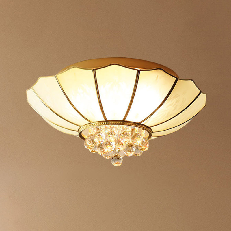 Umbrella Shaped Ceiling Flush Light Traditional Gold Frost Glass Flushmount with Beveled Crystal Orbs Clearhalo 'Ceiling Lights' 'Close To Ceiling Lights' 'Close to ceiling' 'Flush mount' Lighting' 2137946