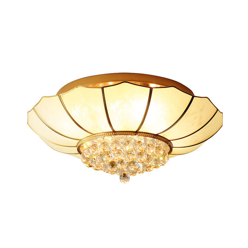 Umbrella Shaped Ceiling Flush Light Traditional Gold Frost Glass Flushmount with Beveled Crystal Orbs Clearhalo 'Ceiling Lights' 'Close To Ceiling Lights' 'Close to ceiling' 'Flush mount' Lighting' 2137947
