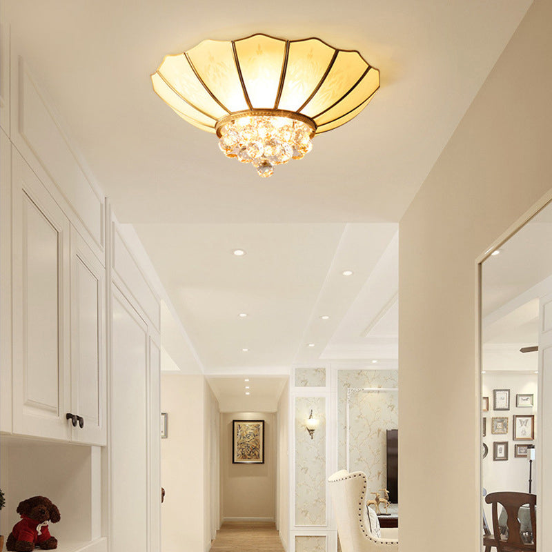 Umbrella Shaped Ceiling Flush Light Traditional Gold Frost Glass Flushmount with Beveled Crystal Orbs Gold 21" Clearhalo 'Ceiling Lights' 'Close To Ceiling Lights' 'Close to ceiling' 'Flush mount' Lighting' 2137948