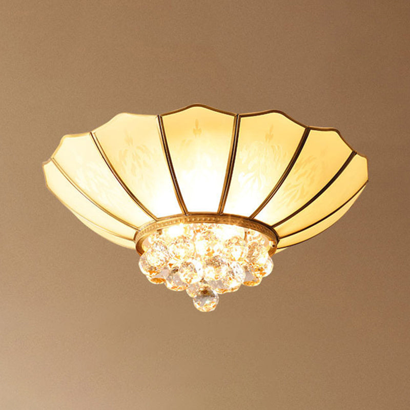 Umbrella Shaped Ceiling Flush Light Traditional Gold Frost Glass Flushmount with Beveled Crystal Orbs Clearhalo 'Ceiling Lights' 'Close To Ceiling Lights' 'Close to ceiling' 'Flush mount' Lighting' 2137949