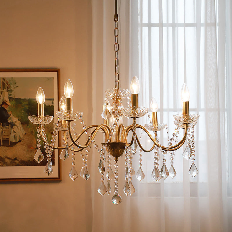 Faux Candle Hanging Pendant Light Rural Gold Metal Chandelier with Clear Crystal Strand Clearhalo 'Ceiling Lights' 'Chandeliers' Lighting' options 2137955
