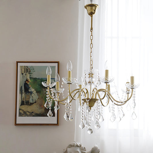 Faux Candle Hanging Pendant Light Rural Gold Metal Chandelier with Clear Crystal Strand Clearhalo 'Ceiling Lights' 'Chandeliers' Lighting' options 2137956