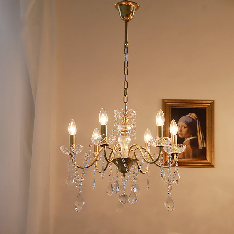Faux Candle Hanging Pendant Light Rural Gold Metal Chandelier with Clear Crystal Strand 6 Gold Clearhalo 'Ceiling Lights' 'Chandeliers' Lighting' options 2137957_547607b0-4cbf-40f3-9aed-cbe038a6774f