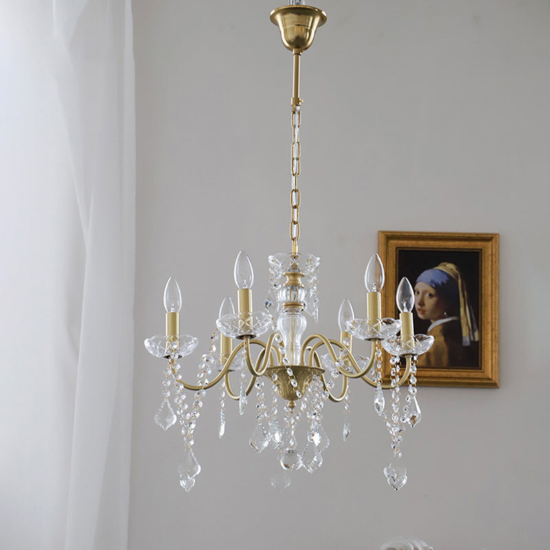 Faux Candle Hanging Pendant Light Rural Gold Metal Chandelier with Clear Crystal Strand Clearhalo 'Ceiling Lights' 'Chandeliers' Lighting' options 2137958