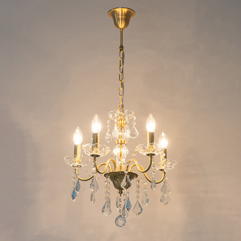 Faux Candle Hanging Pendant Light Rural Gold Metal Chandelier with Clear Crystal Strand 5 Gold Clearhalo 'Ceiling Lights' 'Chandeliers' Lighting' options 2137959_e4c4f2ab-5b97-4494-adf5-353d4ddc30e8