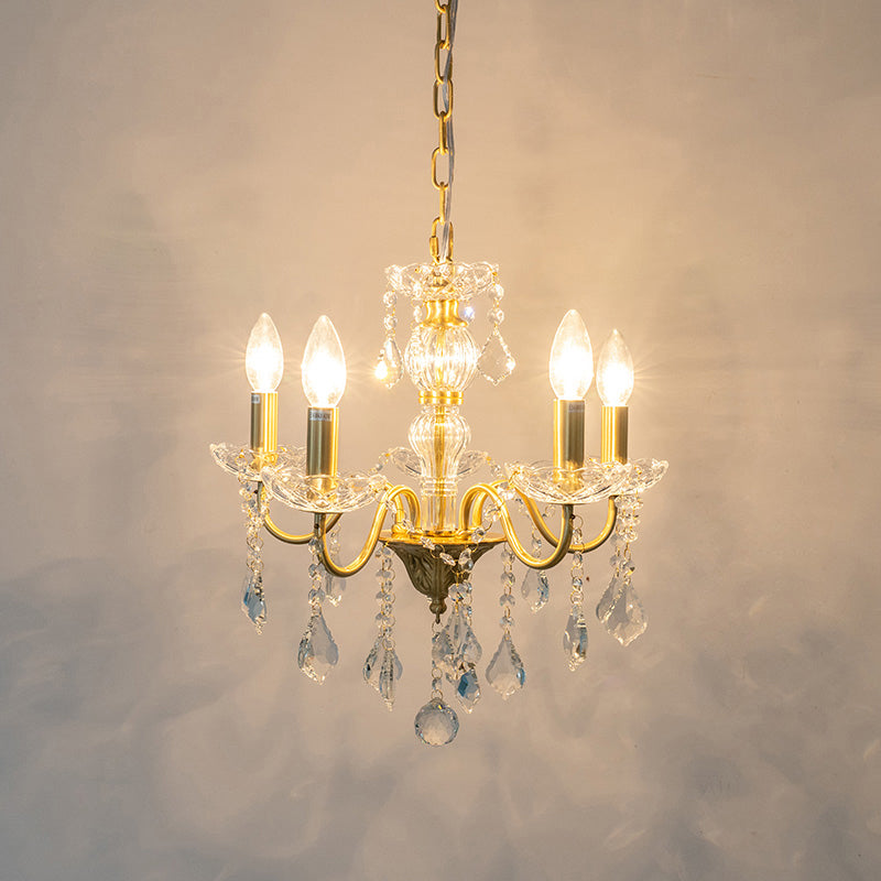 Faux Candle Hanging Pendant Light Rural Gold Metal Chandelier with Clear Crystal Strand Clearhalo 'Ceiling Lights' 'Chandeliers' Lighting' options 2137960