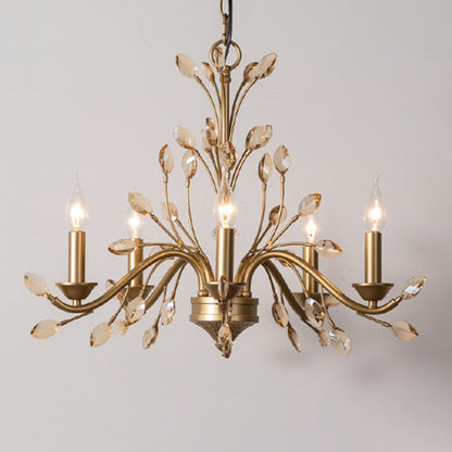 Amber Crystal Branch Pendant Chandelier Rustic Bedroom Suspension Lighting in Gold 5 Gold Clearhalo 'Ceiling Lights' 'Chandeliers' Lighting' options 2138008_6427d22d-990b-4922-a8e8-72c22c6a28ac