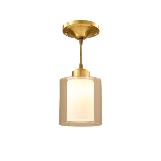 Brass 1 Light Pendant Lighting Classic Double-Layers Glass Cylinder Hanging Lamp for Dining Room Clearhalo 'Ceiling Lights' 'Glass shade' 'Glass' 'Pendant Lights' 'Pendants' Lighting' 213810