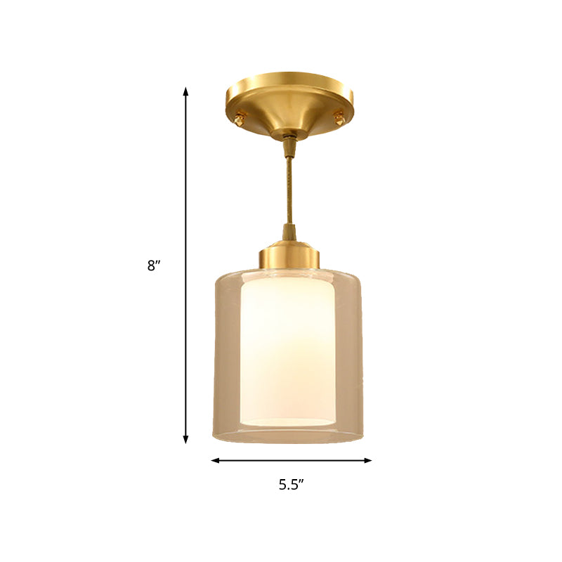 Brass 1 Light Pendant Lighting Classic Double-Layers Glass Cylinder Hanging Lamp for Dining Room Clearhalo 'Ceiling Lights' 'Glass shade' 'Glass' 'Pendant Lights' 'Pendants' Lighting' 213811