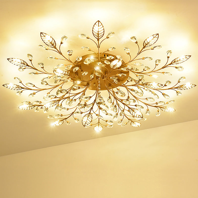 Gold Branches Ceiling Light Fixture Rustic Crystal Hallway LED Flush Mounted Lamp 18 Gold Clearhalo 'Ceiling Lights' 'Close To Ceiling Lights' 'Close to ceiling' 'Flush mount' Lighting' 2138126