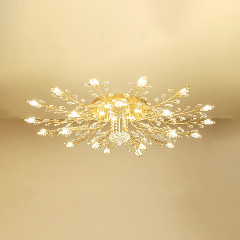 Gold Branches Ceiling Light Fixture Rustic Crystal Hallway LED Flush Mounted Lamp 27 Gold Clearhalo 'Ceiling Lights' 'Close To Ceiling Lights' 'Close to ceiling' 'Flush mount' Lighting' 2138131